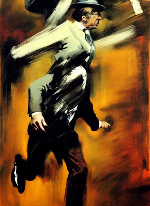 Image similar to saul goodman running, screaming, painting by phil hale, fransico goya, david lynch,'action lines '!!!, graphic style, visible brushstrokes, motion blur, blurry