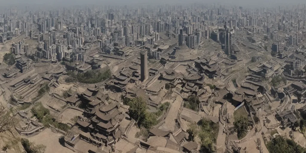 Image similar to overlooking the ancient chinese chang'an city, bauhinia city, movie scenes, epic composition, very detailed