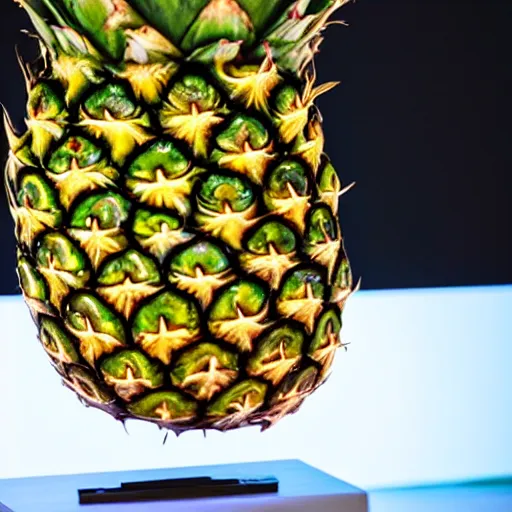 Image similar to photo of a pineapple that looks like emma watson on stage in front of an audience, highly detailed, extremely high quality, hd, 4 k, 8 k, professional photographer, 4 0 mp, lifelike, top - rated, award winning, realistic, detailed lighting, detailed shadows, sharp, no blur, edited, corrected, trending