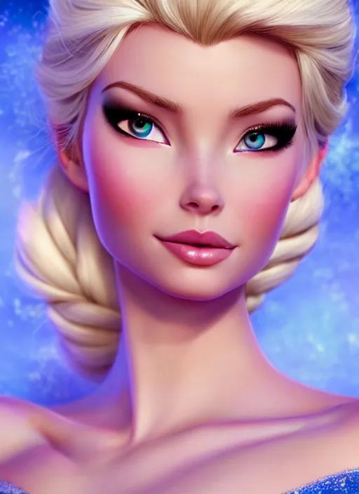 Prompt: gorgeous female elsa, professionally retouched, natural colors, soft lighting, hyper realistic, smooth face, full body shot, torso, dress, perfect eyes, sharp focus on eyes, 8 k, high definition, insanely detailed, intricate, elegant, art by j scott campbell and artgerm