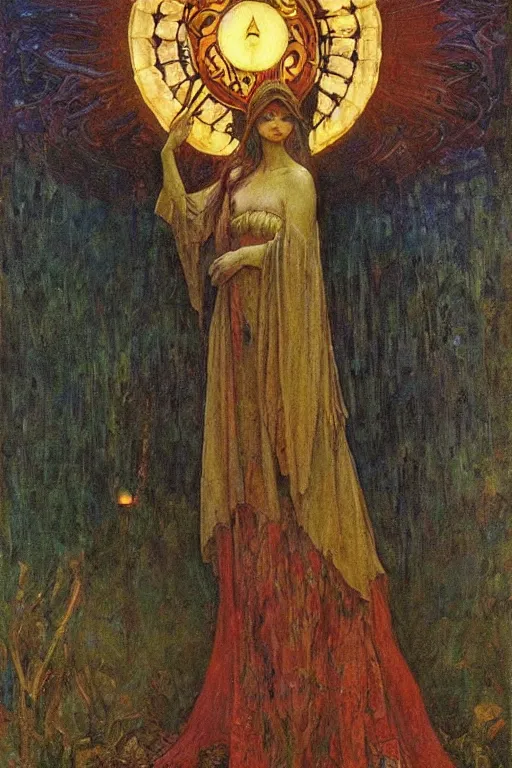 Image similar to queen of the swamp with her lantern by Annie Swynnerton and Nicholas Roerich and jean delville, strong dramatic cinematic lighting , ornate headdress , flowing robes, lost civilizations, smooth, sharp focus, extremely detailed