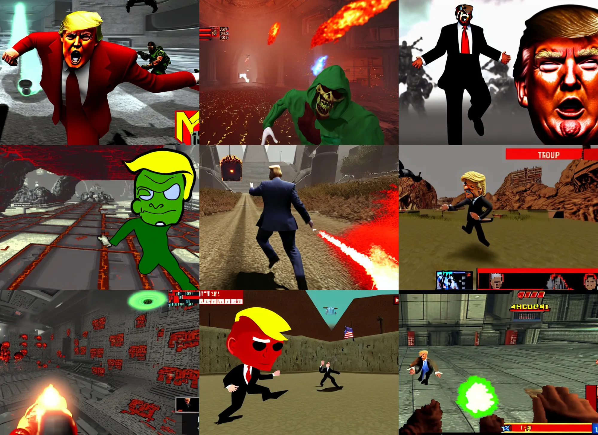 Prompt: Donald Trump in a screenshot of the video game doom, Donald Trump is running