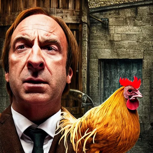 Image similar to saul goodman and a rooster in a medieval torture chamber, saw blades and knives in the background, horror movie, saul goodman, rooster, real life photo, detailed face