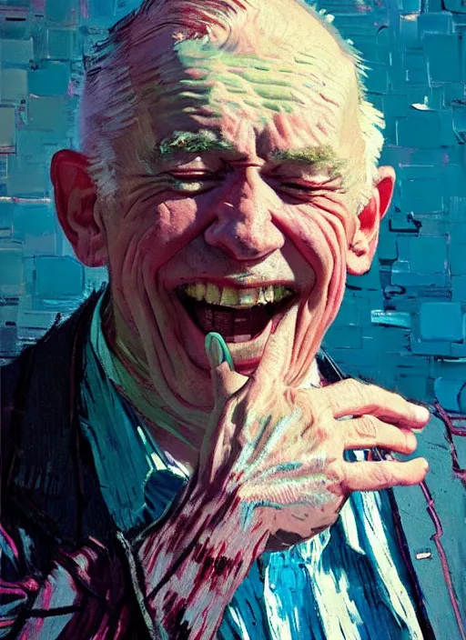 Image similar to portrait of a beautiful old man, smiling, ecstatic, dancing, eyes closed, open mouth, shades of pink and blue, beautiful face, rule of thirds, intricate outfit, spotlight, by greg rutkowski, by jeremy mann, by francoise nielly, by van gogh, digital painting