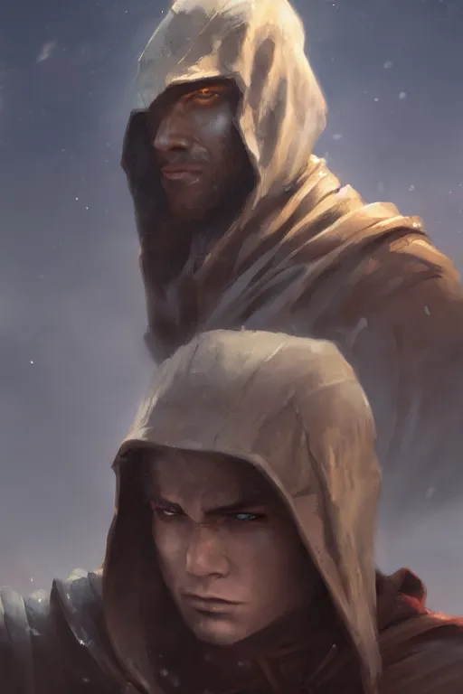 Image similar to dungeons and dragons young hooded warrior character closeup portrait, dramatic light, lake background, 2 0 0 mm focal length, painted by stanley lau, painted by greg rutkowski, painted by stanley artgerm, digital art, trending on artstation