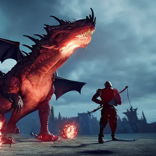 Prompt: fighting dragons, pov, unreal engine, hyper realistic, arms, dragons breathing fire,