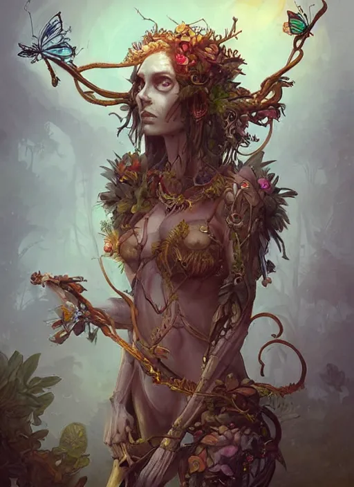 Prompt: “female druid fantasy portrait, entwined lead skeleton, roots glowing, magical realist butterflies by peter mohrbacher, artstation”