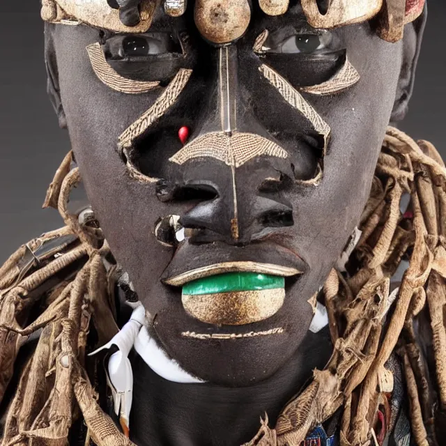 Prompt: a beautiful cyborg made of african ceremonial masks