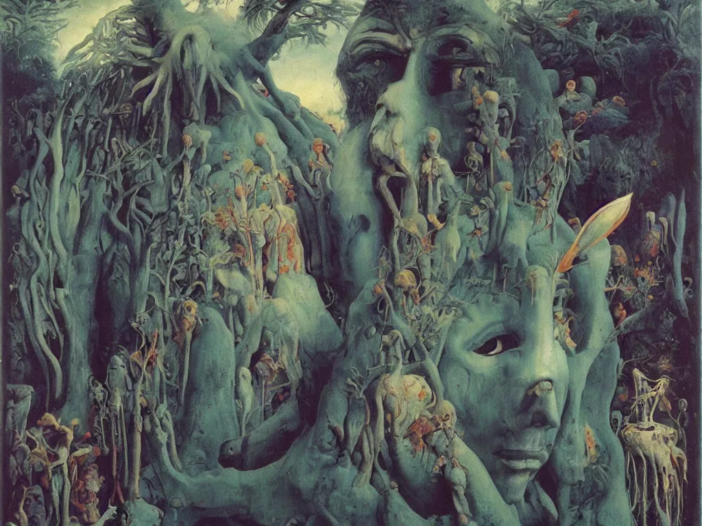 Image similar to Albino mystic with blue eyes, looking in the distance at giant Oceanian totemic archaic sculpture mound mask made from Malachite in the strange ravine. Painting by Jan van Eyck, Beksinski, Rene Magritte, Agnes Pelton, Max Ernst, Walton Ford