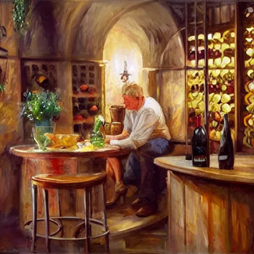 Image similar to wine cellar full of food, torches on the wall, schnapps, romantic, inviting, cozy, blonde woman, painting Vladimir Volegov