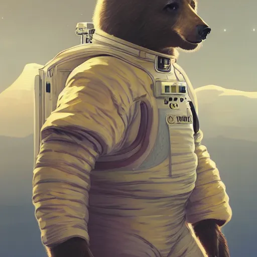 Image similar to a bear in a astronaut suit and walter white, intricate, highly detailed, digital painting, artstation, concept art, smooth, sharp focus, illustration, unreal engine 5, 8 k, art by artgerm and greg rutkowski and alphonse mucha