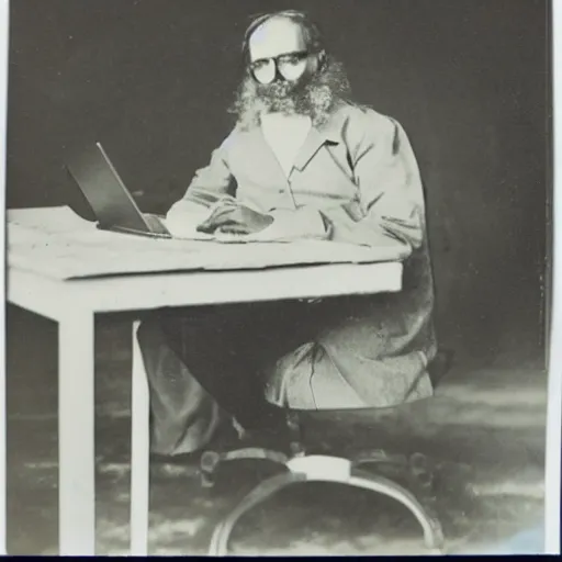 Image similar to old polaroid depicting a scientist from the 1 9 th century working at a modern day laptop