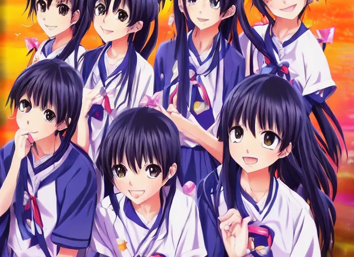 Image similar to ;Weekly Shonen Jump Issue 14, cover, 2000 clannad shuffle toheart event'anime illustration japanese very very beautiful cute girls doing cute things trending on artstation pixiv makoto shinkai smiling super detailed eyes eyebrowless symmetry face visual novel hairpin star