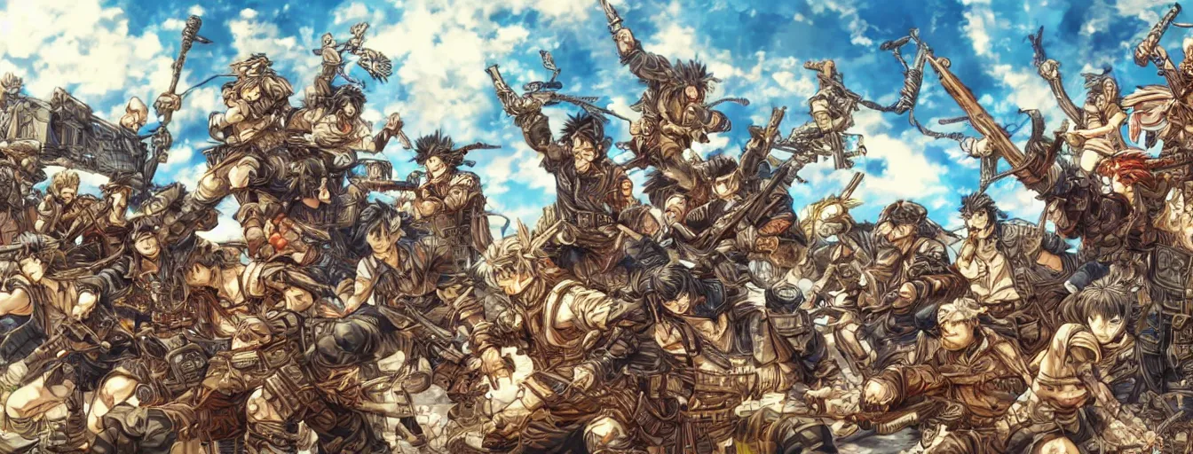 Prompt: my soldiers, rage! hyperrealistic anime background illustration by kim jung gi, colorful, extremely detailed intricate linework, smooth, super sharp focus, bright colors, high contrast, matte, octopath traveler, unreal engine 5 highly rendered, global illumination, radiant light