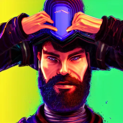 Image similar to a portrait of an ultradetailed futuristic male cyberpunk wearing a hoodie on his head, bearded, deep blue eyes, by dylan kowalski, 8 k, purple neon colours, digital painting, trending on artstation