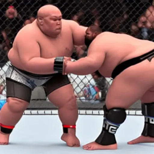 Image similar to robocop getting beat up by sumo wrestler in the ufc octagon