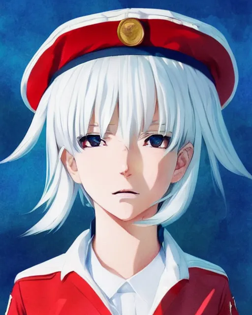 Prompt: a longshot 3 / 4 view portrait of a feminine anime boy with white hair wearing soviet sailor outfit and a sailor hat, digital painting, pixiv, artstation, art by artgerm ilya kuvshinov makoto shinkai and ( valentin bernardsky ), watercolor, sharp focus, cute, kawaii, high quality