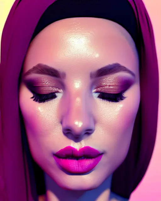 Prompt: beautiful female, arabic, haze, model, symmetrical!!, makeup, sephora, maybelline, cinematic, filmic, vsco, 5 0 mm, concept art, artstation, elegant, model, gorgeous, vray, flim, octane render, cinema 4 d, art by portrait artist