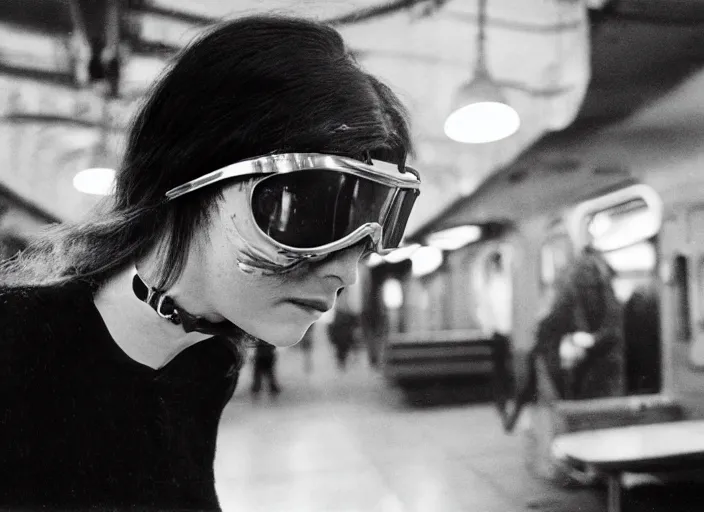 Prompt: close - up portrait of a young woman wearing a choker and welding goggles, in a subway, richard avedon, tri - x pan