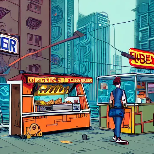 Prompt: the God Neptune trying to make a living selling burgers out of a food cart on a grimy subway platform in a cyberpunk city, 4k, digital art