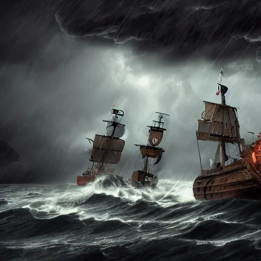 Prompt: pirate ships on a stormy sea and a tornado, highly detailed, 4k, HDR, award-winning, artstation, octane render