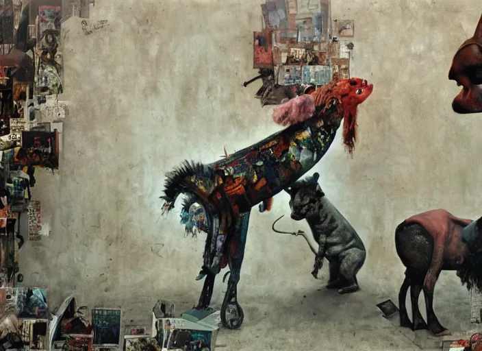 Prompt: wild underground scene from a 7 0's movie by chris cunningham, kenneth anger and alejandro jodorowsky : : surreal dream scene of actresses turning into animals in urban setting : : close - up, concept art, painting by enki bilal, tim walker, adrian ghenie 4 k