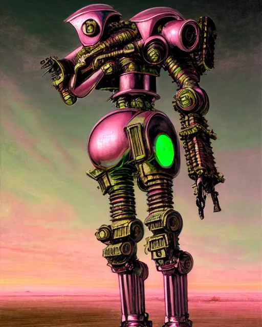 Image similar to hyperrealistic hyperdetailed medieval mecha iridescent pink performing war concept art santiago caruso de chirico sharp very dramatic green light 8k low angle shallow depth of field