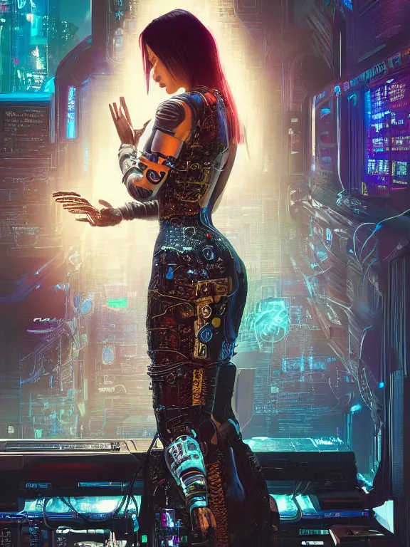 Image similar to a cyberpunk 2077 illustration portrait of A veiled female android queen kneel and pray with lots of complex mess of cables and wires behind them connected to giant computer,bowknot, fine lace, GUCCI, glittering, jewel embellishment, film lighting, by Artgerm,Lawrence Alma-Tadema,William Morris,Dan Mumford, trending on atrstation, full of color, mythological, high detailed,golden ratio,cinematic lighting