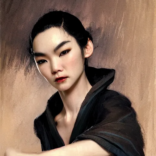 Image similar to detailed cinematic wide shot of beautiful attractive tao okamoto asian vampire woman wearing black bath robe slim face symettrical face clean skin black eyes black robe smooth, sharp focus, ultra realistic, spring light, painting by gaston bussiere, craig mullins, j. c. leyendecker