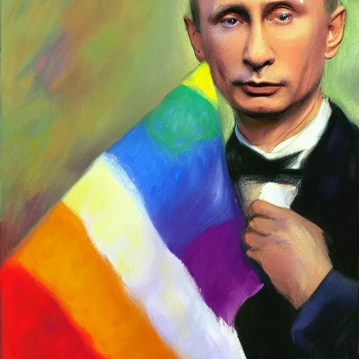 Image similar to painting of Vladimir Putin holding gay pride flag, John Singer Sargent style