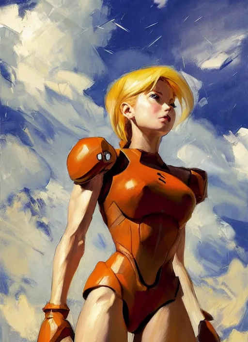 Image similar to Greg Manchess painting of Samus from Metroid Prime, countryside, calm, fantasy character portrait, dynamic pose, above view, sunny day, thunder clouds in the sky, artwork by Jeremy Lipkin and Giuseppe Dangelico Pino and Michael Garmash and Rob Rey, very coherent asymmetrical artwork, sharp edges, perfect face, simple form, 100mm