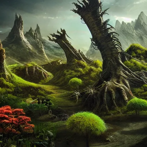 Image similar to An otherwordly, alien landscape with strange plants and creatures, realistic, ultra high detail.