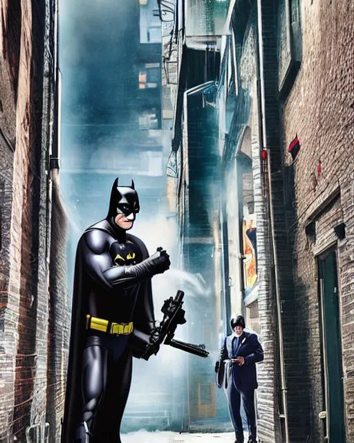 Prompt: happy batman firing supersoaker at happy criminals in an alleyway, product advertisement, photograph