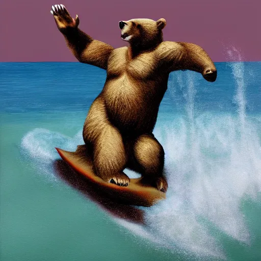 Image similar to hyperrealist bear surfing