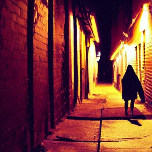 Image similar to a creepy iphone camera photograph of a dark alleyway in west philadelphia at night, with a college - aged woman in the distance. girl in the photo wearing a navy hoodie. directed by david lynch, full color