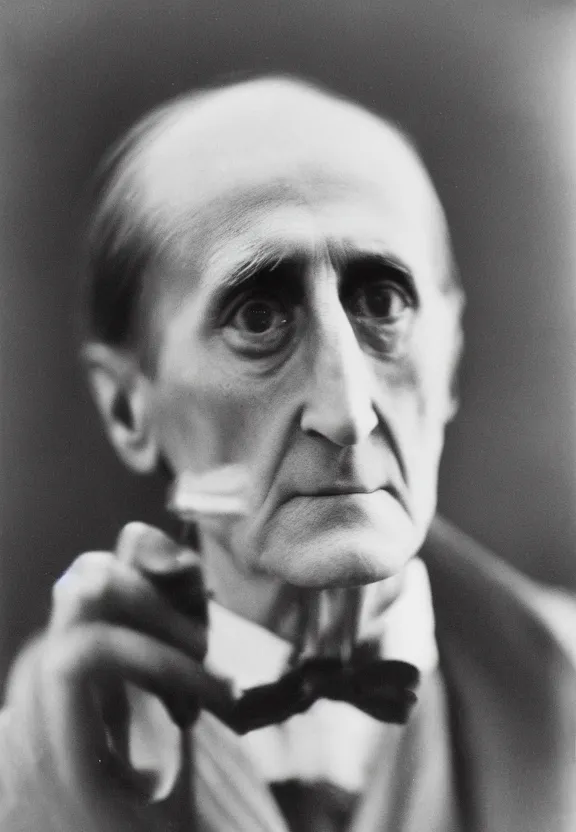 Prompt: a close - up casual photo of marcel duchamp with pensive eyes, blurry, 1 9 2 0 s monochrome snapshot, graflex 4 x 5, f 1. 8, 3 5 mm, ilford delta 3 2 0 0 pro, cyborg