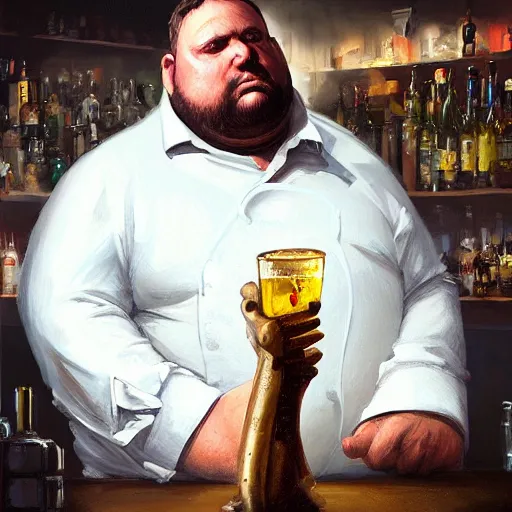 Image similar to closeup portrait of an overweight barkeeper with a prosthetic robot arm, ratz, neuromancer, bar background, painted by greg rutkowski, painted by igor kieryluk, high detail, dramatic light, digital art, trending on artstation