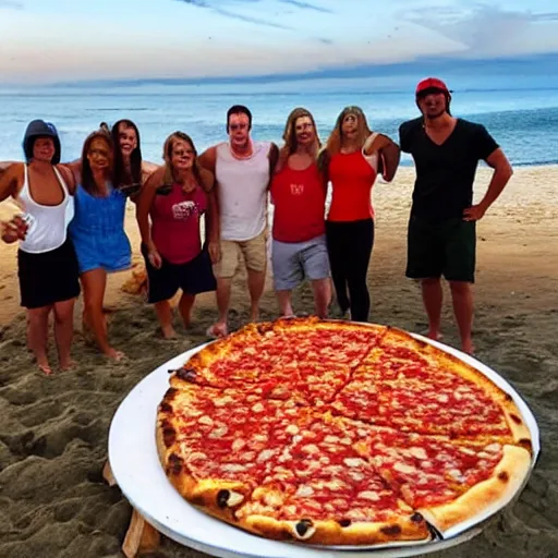 Image similar to “ a giant pile of pizza on the beach. contestants on the tv show survivor next to it excited. 8 k photo ”