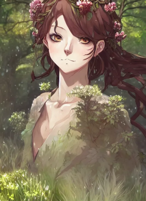 Image similar to a portrait a dryad in a forest, very anime, intricate, tone mapped, ambient lighting, highly detailed, digital painting, artstation, concept art, sharp focus, by makoto shinkai and akihiko yoshida and hidari and wlop