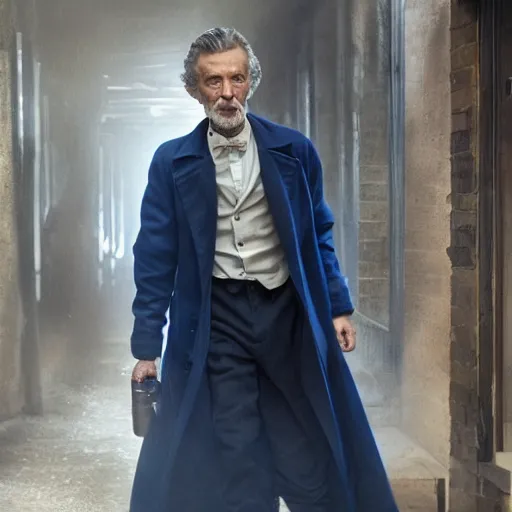 Image similar to tom holland as a rough dirty old man with a scruffy beard in a dark blue trenchcoat as the new doctor who, cinematic, volumetric lighting, f 8 aperture, cinematic eastman 5 3 8 4 film, photorealistic by greg rutkowski