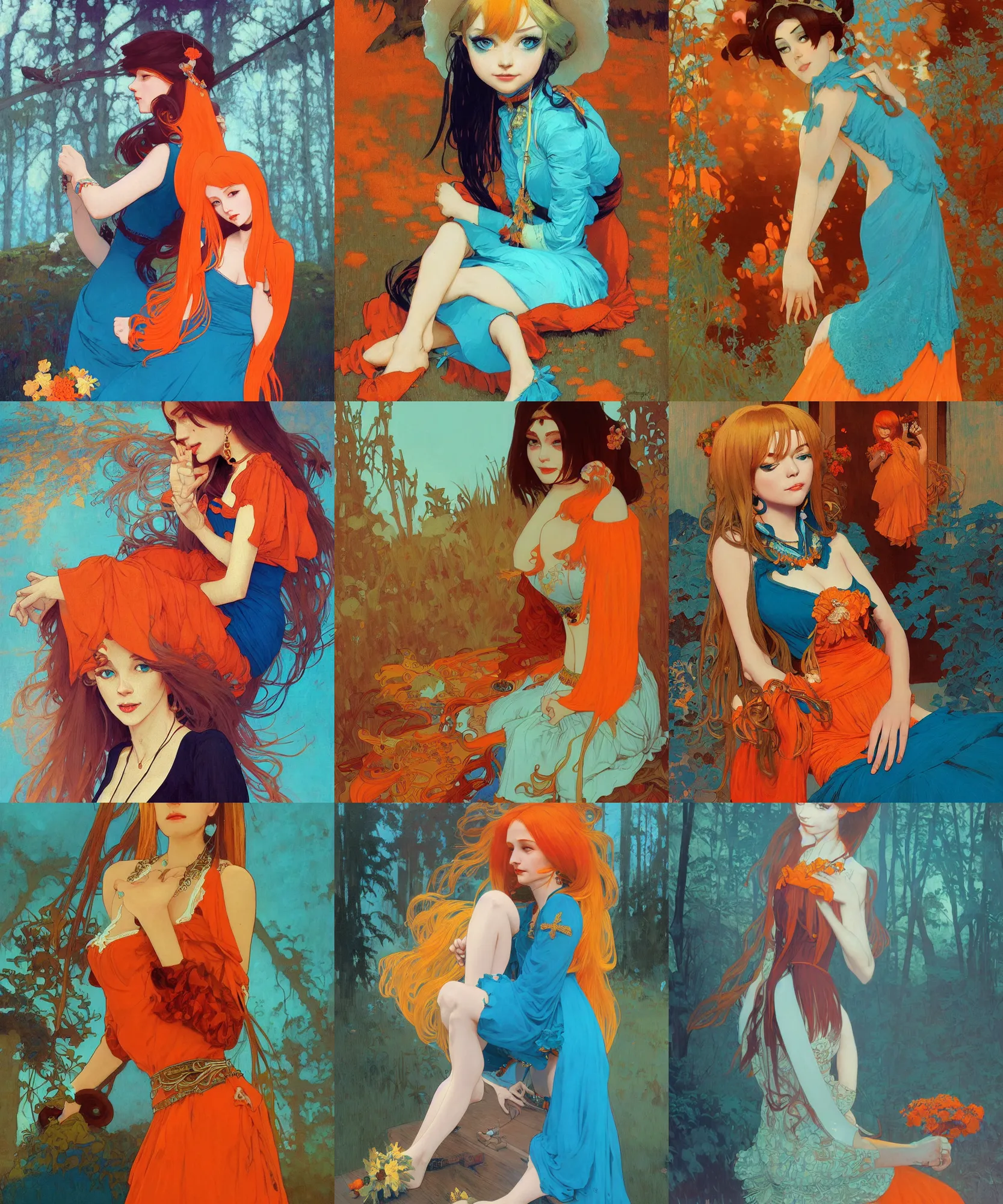 Prompt: pulp art, gorgeous maid, long hair blondie russian girl at witch ritual, wooden jewerly, orange cyan dress, elegant, vibrant, smooth, by ilya kuvshinov, craig mullins, edgar maxence, alphonse mucha, artgerm, sakimichan