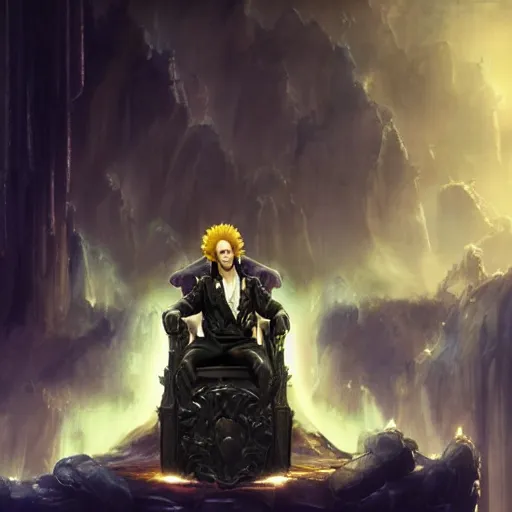 Image similar to dio from jojo's bizarre adventure sitting on a throne, matte painting by greg rutkowski, dim lighting