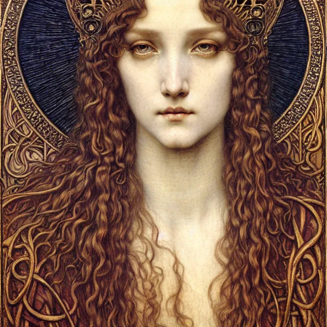 Image similar to detailed realistic beautiful young medieval queen face portrait by jean delville, gustave dore and marco mazzoni, art nouveau, symbolist, visionary, gothic, pre - raphaelite. horizontal symmetry