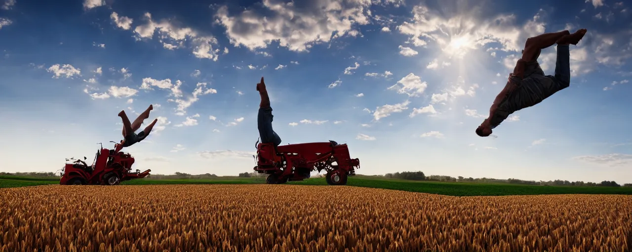 Image similar to jesus doing a backflip over a tractor in a wheat field, dramatic lighting, low angle, 4 k