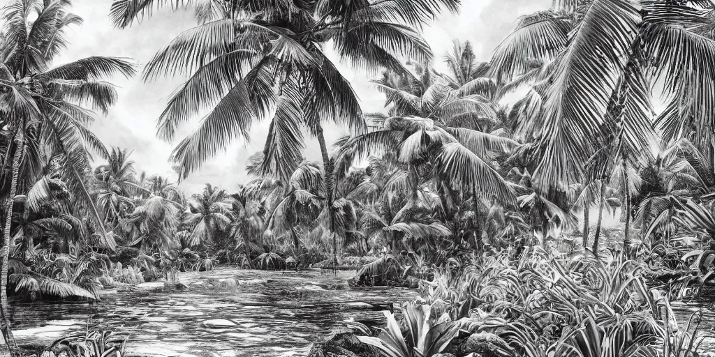 Image similar to tropical island, 8 k, high resolution, detailed charcoal drawing, beautiful hd, art nouveau, concept art, colourful artwork, in the style of axel aabrink