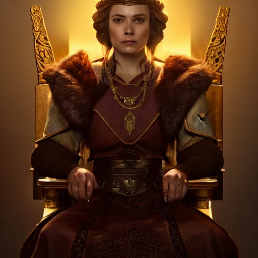 Image similar to the elder scrolls vi, charismatic regal brunette female jarl, portrait, throne room, atmospheric lighting, painted, intricate, volumetric lighting, beautiful, daytime, sunny weather, slight overcast, sharp focus, deep colours, ultra detailed, by leesha hannigan, ross tran, thierry doizon, kai carpenter, ignacio fernandez rios