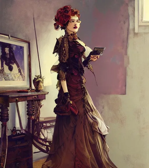 Prompt: woman model, steampunk clothes, unedited colors, in a bedroom!!!!!!!!!!!!!!!!!!!!, elegant, highly detailed, digital painting, artstation, concept art, smooth, sharp focus, illustration, art by krenz cushart and artem demura and alphonse mucha