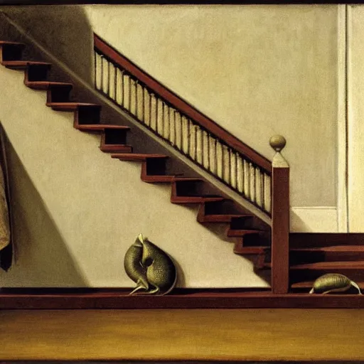 Image similar to snails on the stairs and door in style of vilhelm hammershoi, botanical illustration