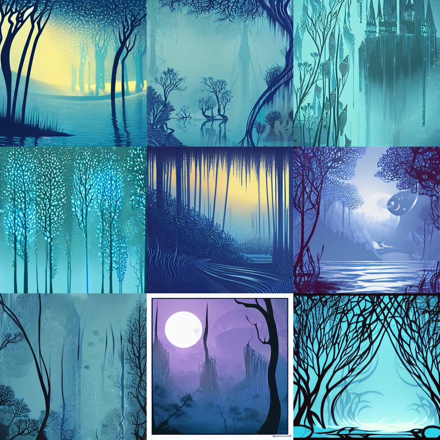 Prompt: without details, closeup fantasy with water magic, at gentle dawn blue light, sticker, eyvind earle, featured in artstation, elegant, intricate