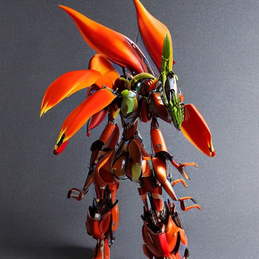 Image similar to futuristic heliconia rostrata mecha lobster claw plant body, sepals forming helmet, floral details, heliconia, 8 k hd resolution, barbatos gundam with floral inlay, bandai box art, star wars, makoto kobayashi, frank gehry, raymond swanland